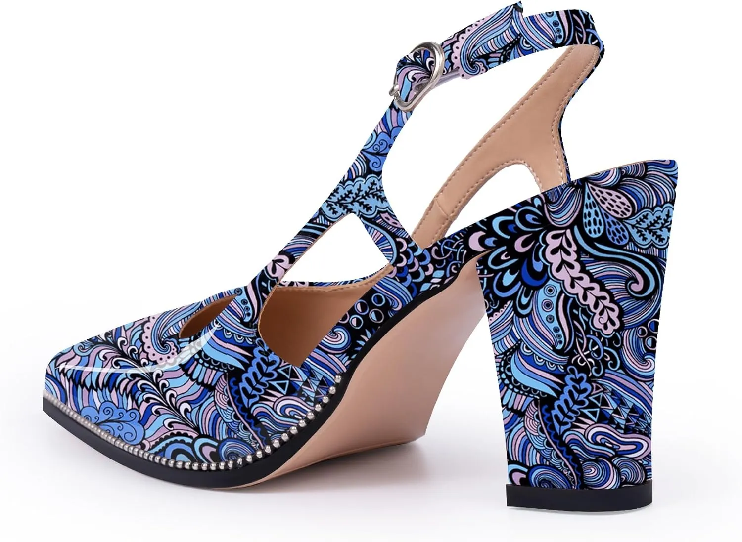 Women's Pointed Toe Block Heel Slingback Pumps Beaded Patent Leather Buckle Strap Slip On Work Party Dress Shoes