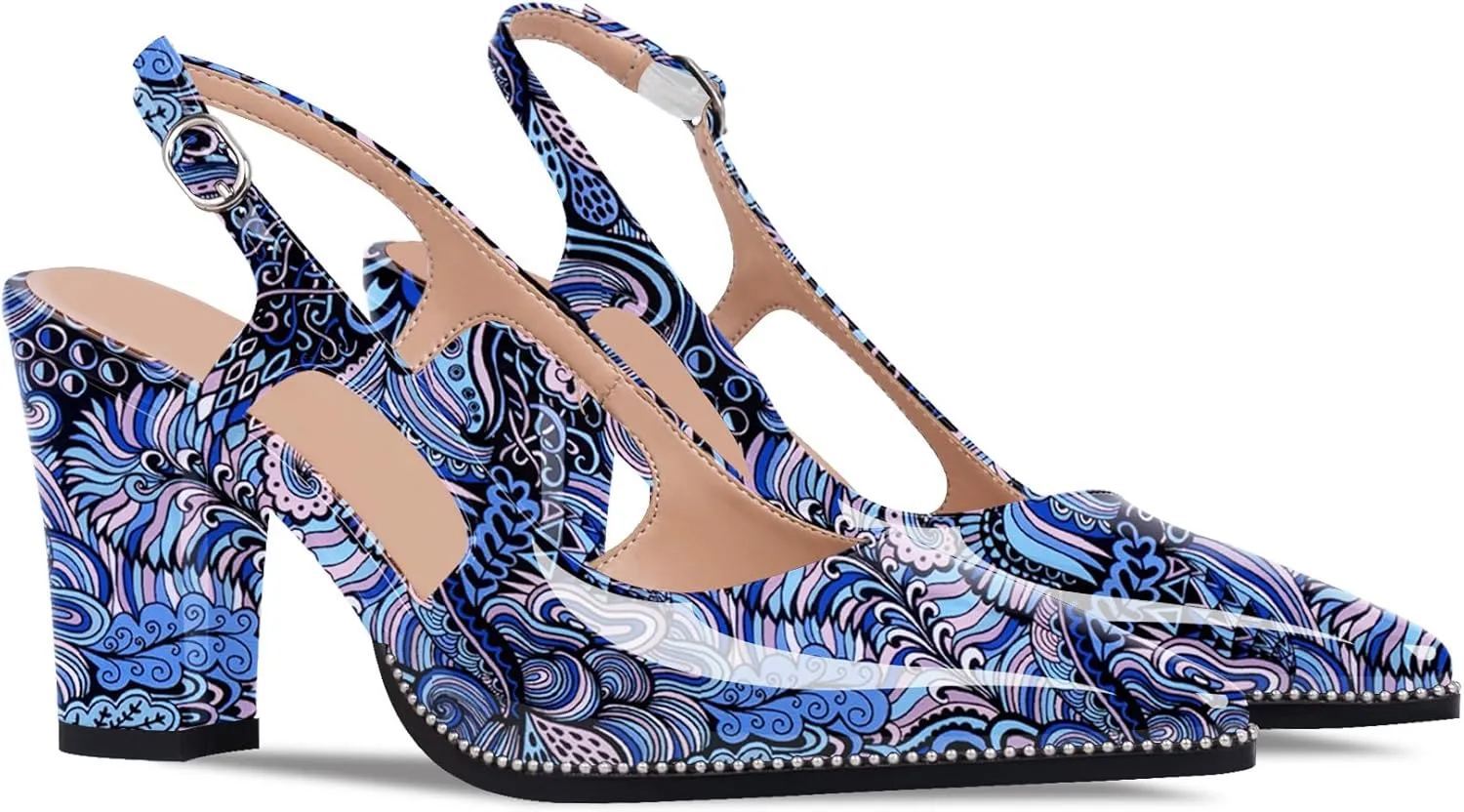 Women's Pointed Toe Block Heel Slingback Pumps Beaded Patent Leather Buckle Strap Slip On Work Party Dress Shoes
