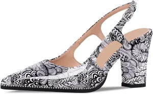 Women's Pointed Toe Block Heel Slingback Pumps Beaded Patent Leather Buckle Strap Slip On Work Party Dress Shoes