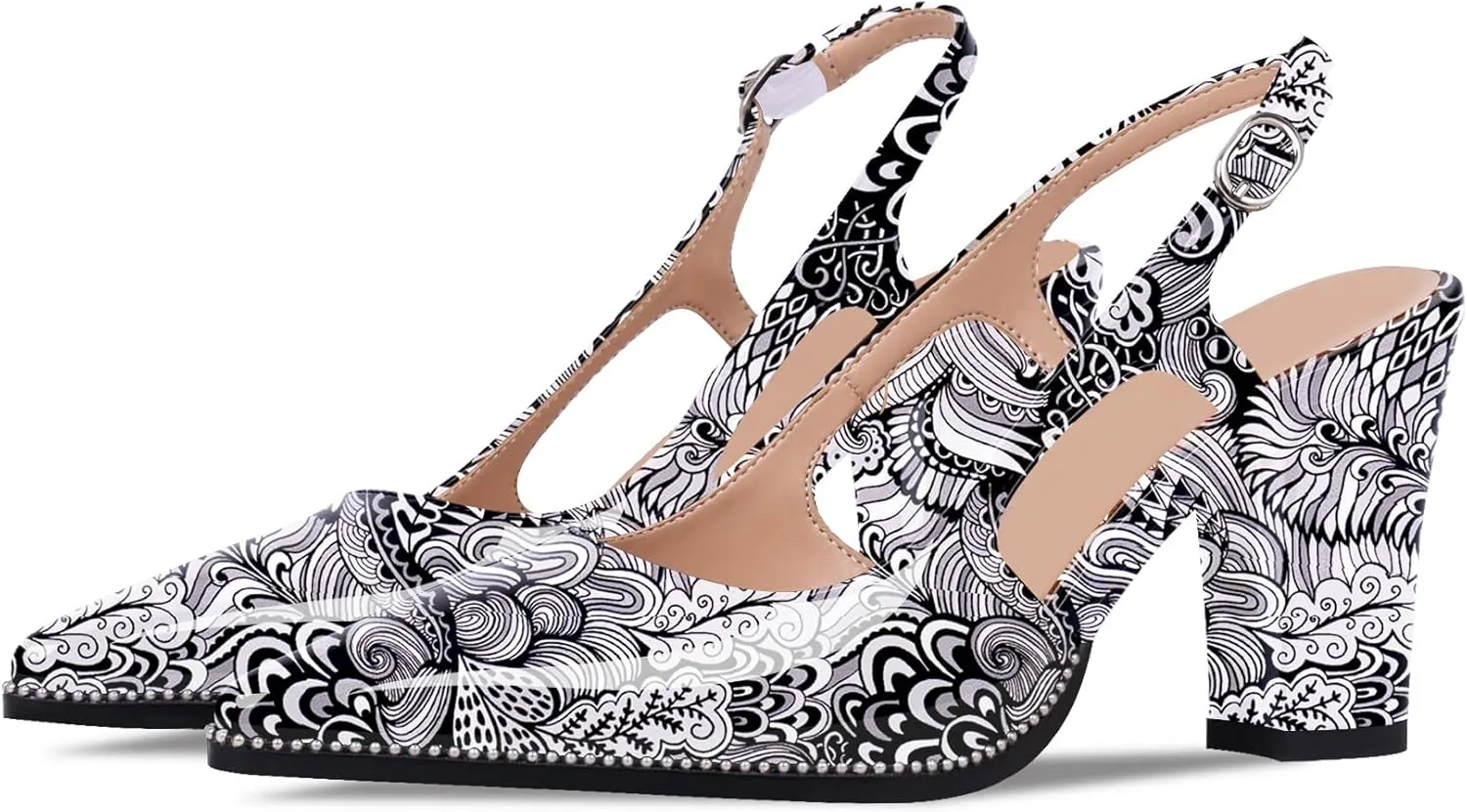 Women's Pointed Toe Block Heel Slingback Pumps Beaded Patent Leather Buckle Strap Slip On Work Party Dress Shoes