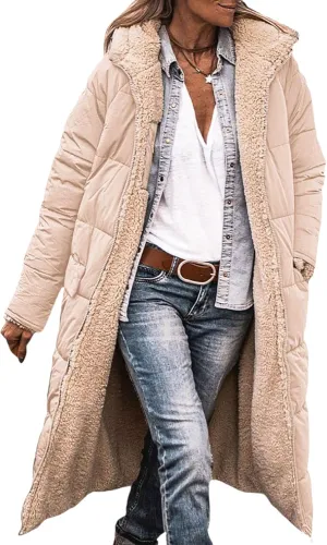 Womens Quilted Jacket Casual Zip Up Fleece Lined Hooded Jackets Oversized Puffer Coat Winter Warm Padded Overcoat