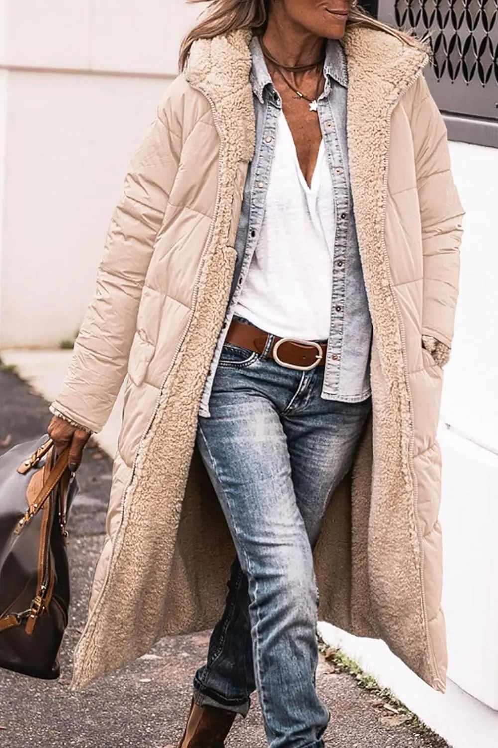 Womens Quilted Jacket Casual Zip Up Fleece Lined Hooded Jackets Oversized Puffer Coat Winter Warm Padded Overcoat