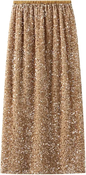 Womens Sequin Skirt Elastic High Waist Sparkle Long Bodycon Skirt with Slit Evening Cocktail Party Maxi Skirt