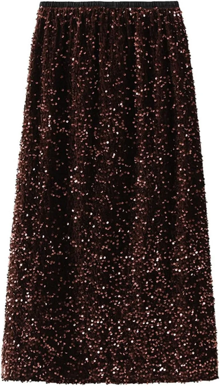Womens Sequin Skirt Elastic High Waist Sparkle Long Bodycon Skirt with Slit Evening Cocktail Party Maxi Skirt