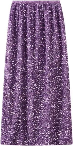Womens Sequin Skirt Elastic High Waist Sparkle Long Bodycon Skirt with Slit Evening Cocktail Party Maxi Skirt