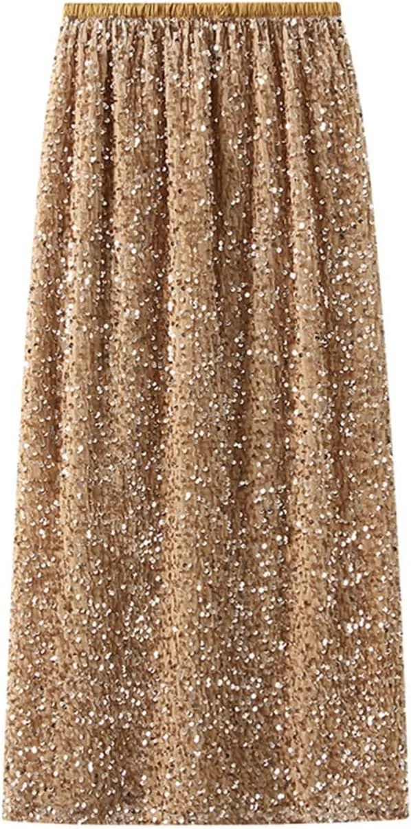 Womens Sequin Skirt Elastic High Waist Sparkle Long Bodycon Skirt with Slit Evening Cocktail Party Maxi Skirt