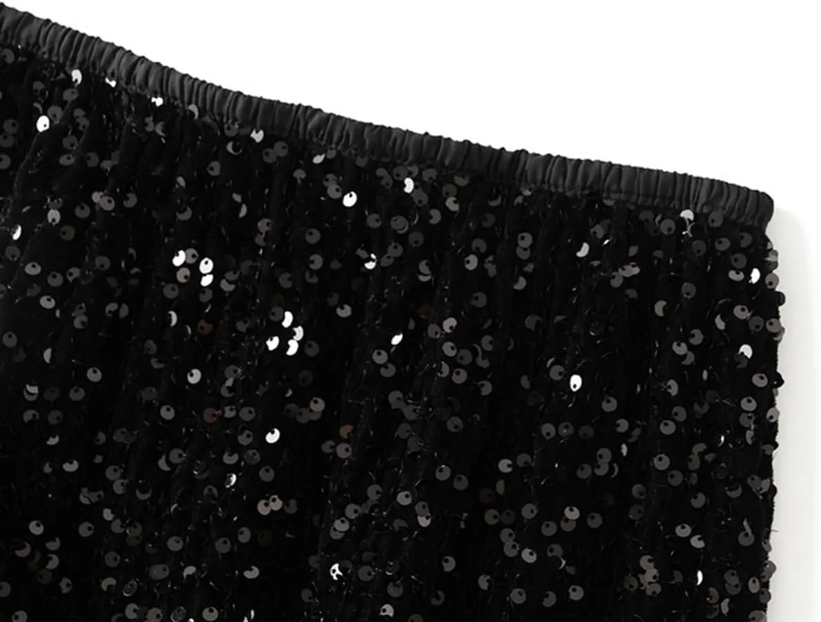 Womens Sequin Skirt Elastic High Waist Sparkle Long Bodycon Skirt with Slit Evening Cocktail Party Maxi Skirt