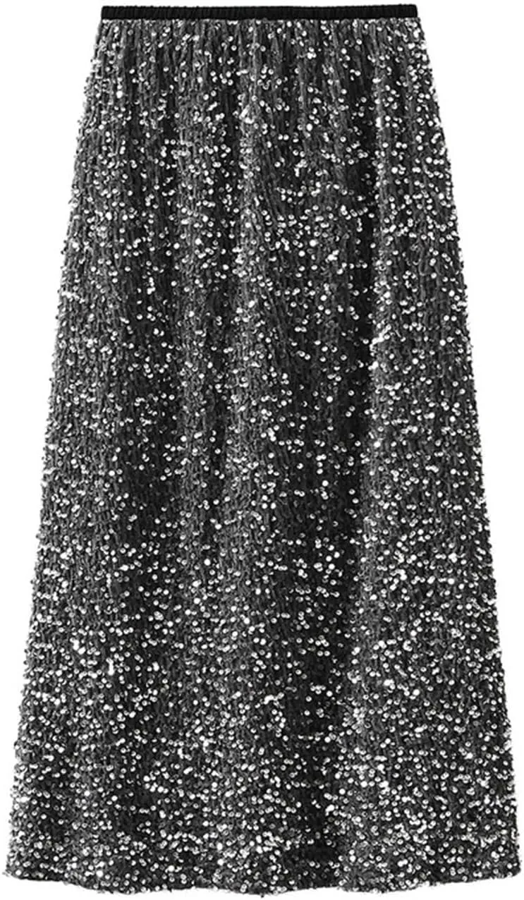 Womens Sequin Skirt Elastic High Waist Sparkle Long Bodycon Skirt with Slit Evening Cocktail Party Maxi Skirt