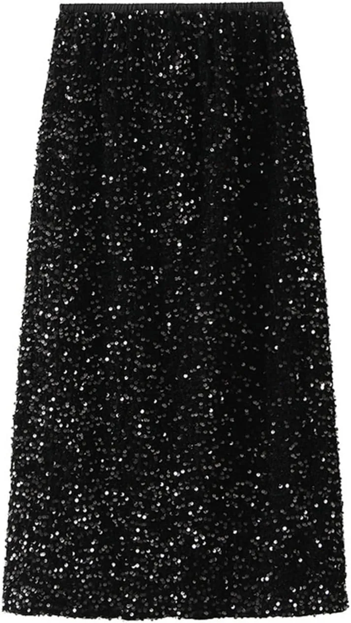 Womens Sequin Skirt Elastic High Waist Sparkle Long Bodycon Skirt with Slit Evening Cocktail Party Maxi Skirt