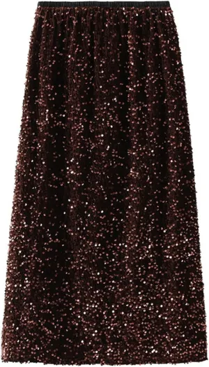 Womens Sequin Skirt Elastic High Waist Sparkle Long Bodycon Skirt with Slit Evening Cocktail Party Maxi Skirt