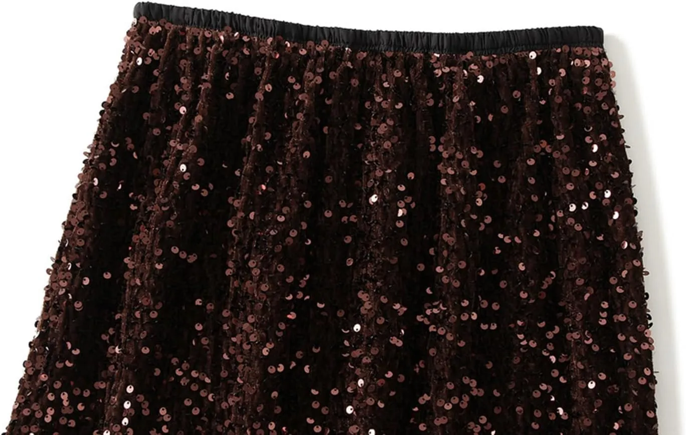 Womens Sequin Skirt Elastic High Waist Sparkle Long Bodycon Skirt with Slit Evening Cocktail Party Maxi Skirt