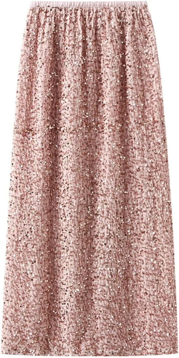 Womens Sequin Skirt Elastic High Waist Sparkle Long Bodycon Skirt with Slit Evening Cocktail Party Maxi Skirt