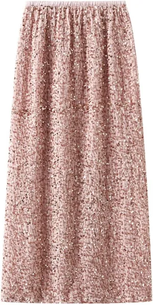 Womens Sequin Skirt Elastic High Waist Sparkle Long Bodycon Skirt with Slit Evening Cocktail Party Maxi Skirt