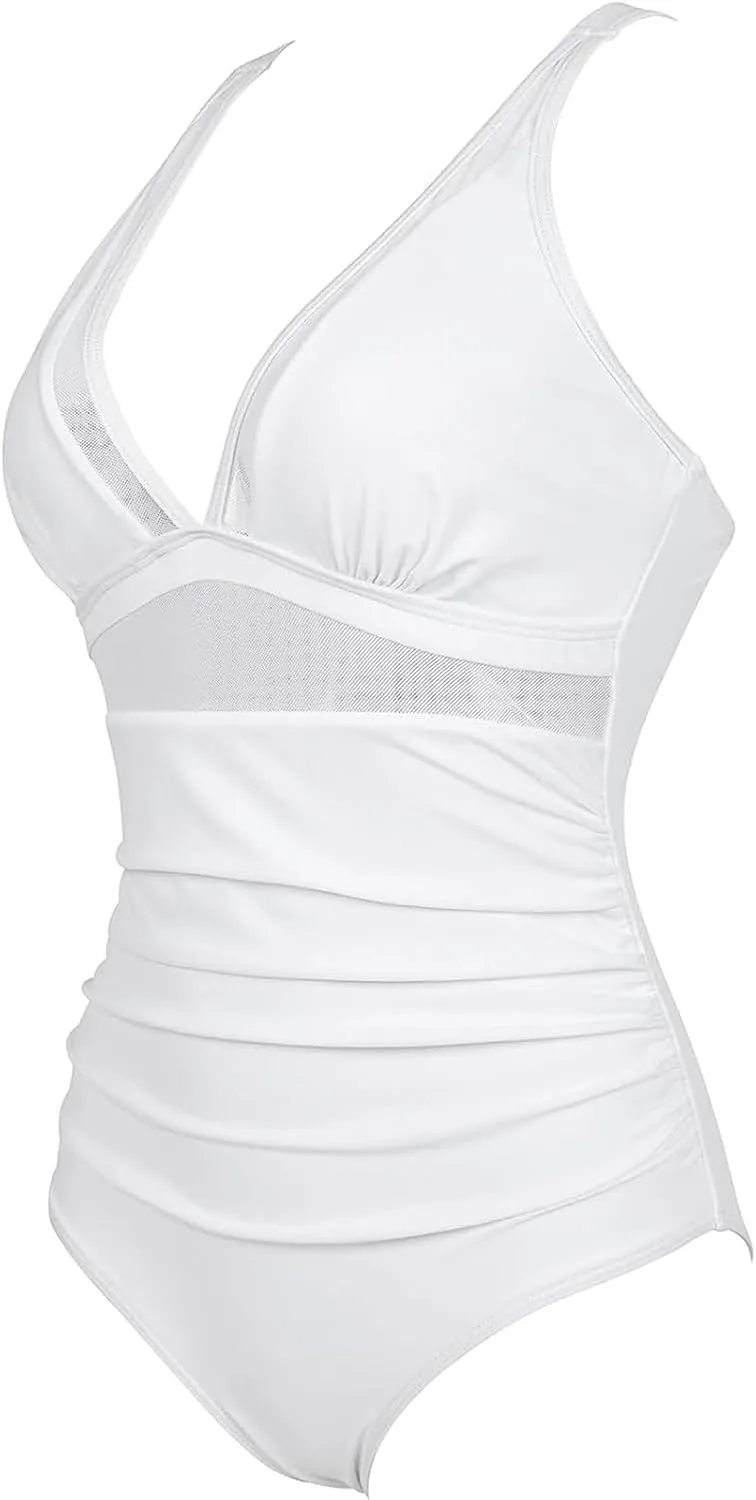 Womens Sexy Mesh Tummy Control Swimsuit Push Up High Waist Bathing Suit Full Coverage One Piece Swimwears