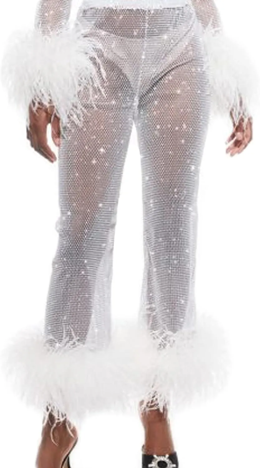 Women's Sparkly Sheer Mesh Fishnet Pants Feather Trim High Waist Shiny See Through Trousers Festival Club Rave Outfit