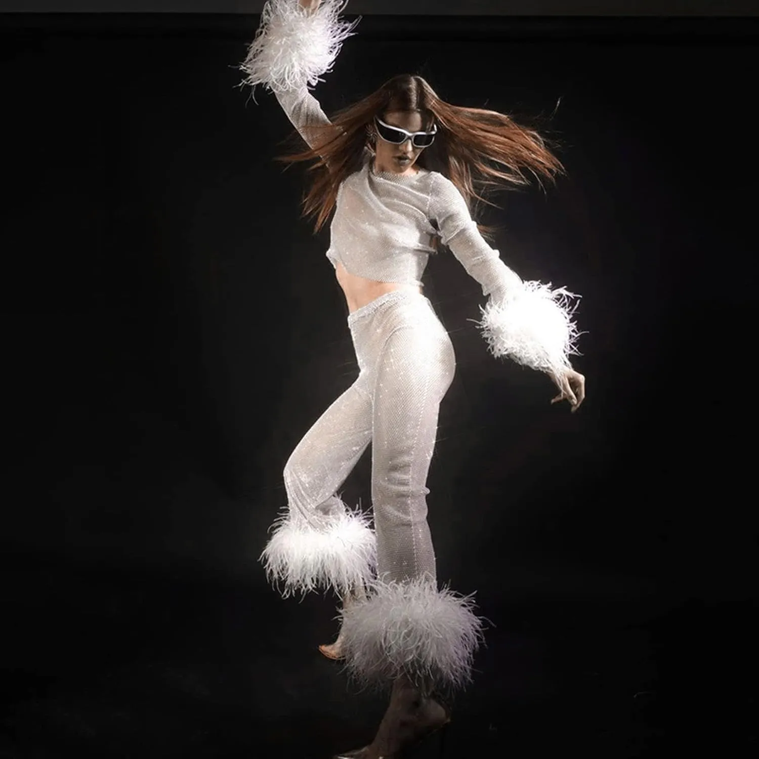 Women's Sparkly Sheer Mesh Fishnet Pants Feather Trim High Waist Shiny See Through Trousers Festival Club Rave Outfit