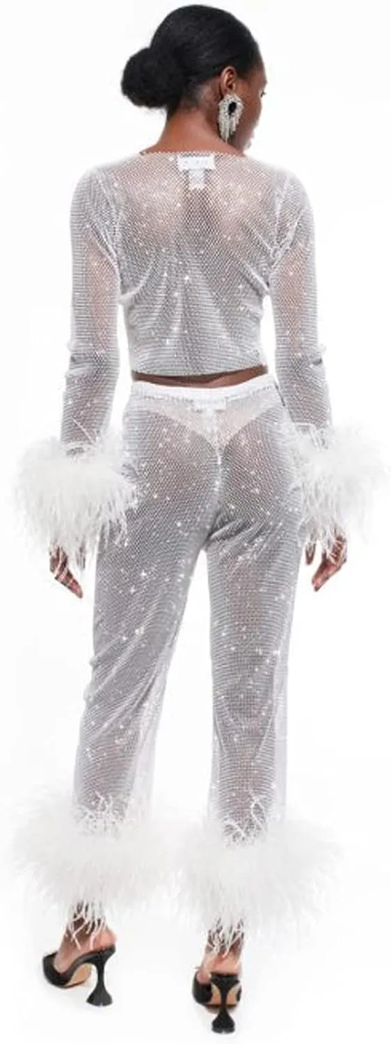 Women's Sparkly Sheer Mesh Fishnet Pants Feather Trim High Waist Shiny See Through Trousers Festival Club Rave Outfit
