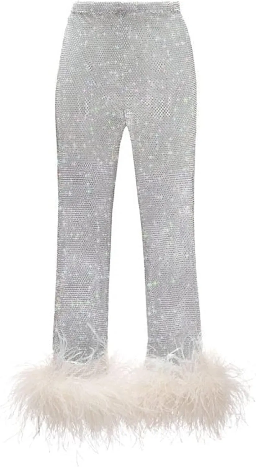 Women's Sparkly Sheer Mesh Fishnet Pants Feather Trim High Waist Shiny See Through Trousers Festival Club Rave Outfit
