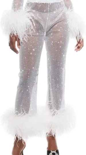 Women's Sparkly Sheer Mesh Fishnet Pants Feather Trim High Waist Shiny See Through Trousers Festival Club Rave Outfit