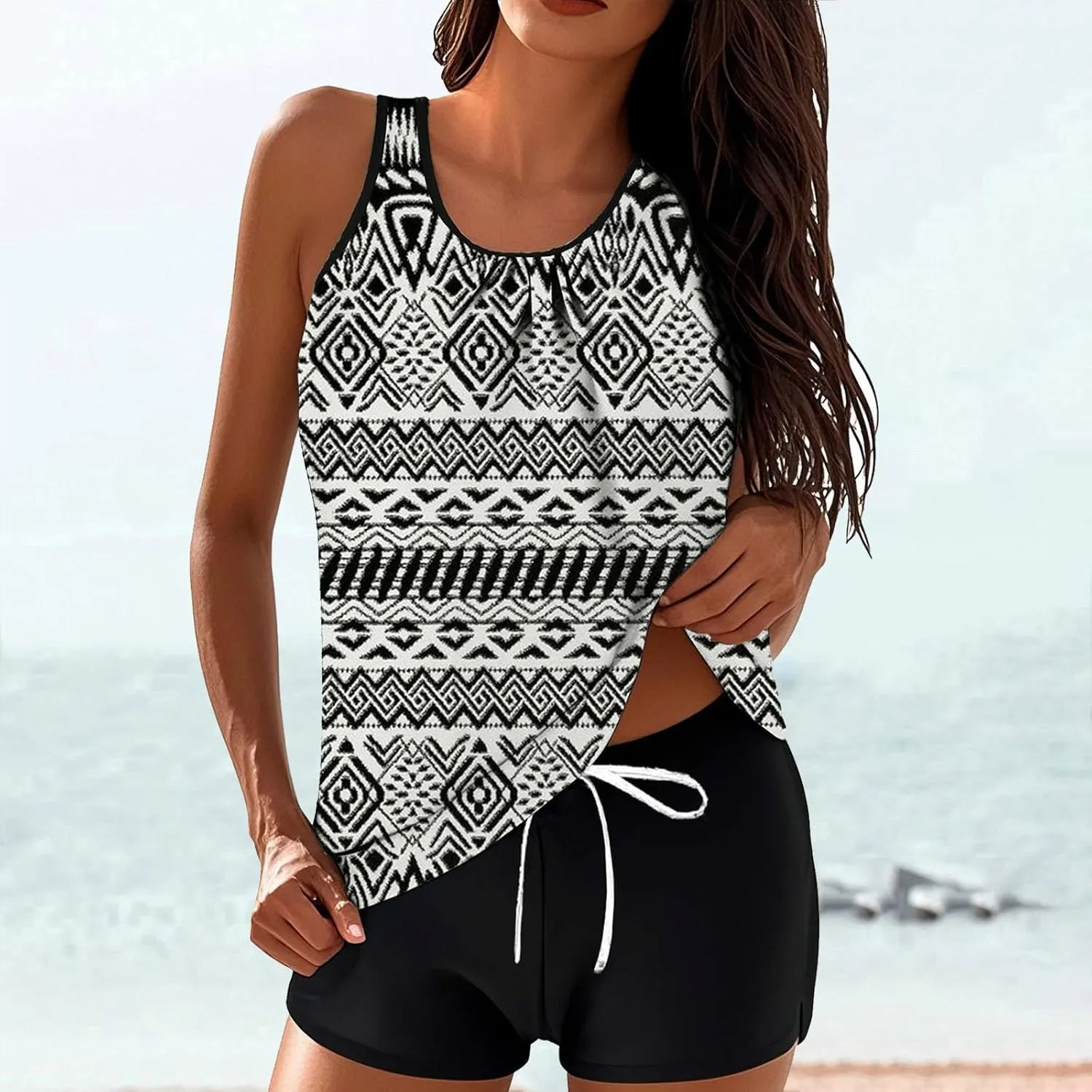 Women's Tankini Bathing Suits Tankini Swimsuits Two Piece Graphic Swim Tank Top with Boyshorts Ladies Swimwear