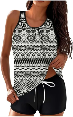 Women's Tankini Bathing Suits Tankini Swimsuits Two Piece Graphic Swim Tank Top with Boyshorts Ladies Swimwear