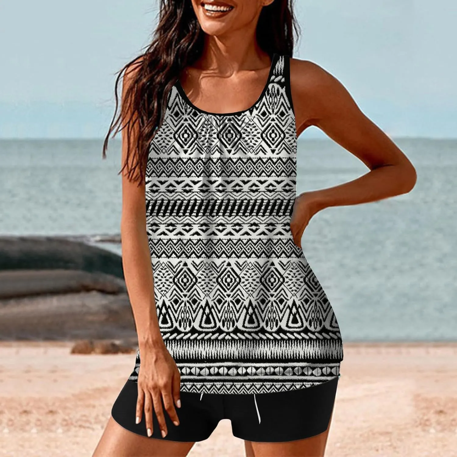 Women's Tankini Bathing Suits Tankini Swimsuits Two Piece Graphic Swim Tank Top with Boyshorts Ladies Swimwear