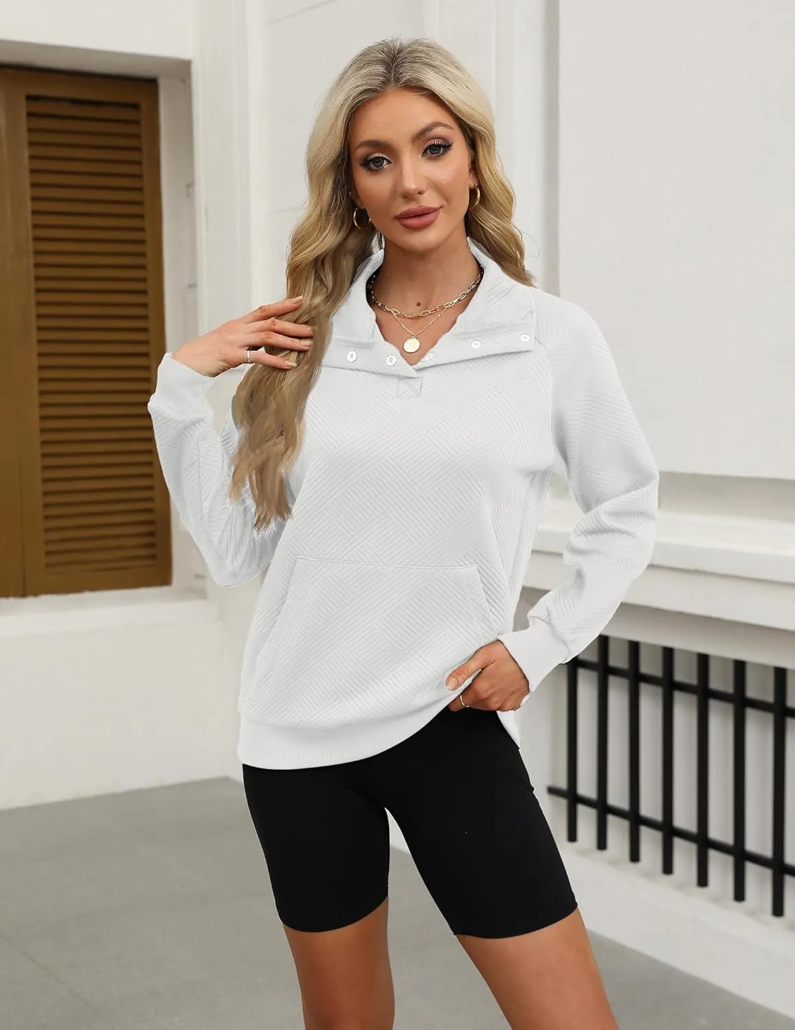 Womens V Neck Pullover Textured Sweatshirt Spring Fall Long Sleeve Button Down Lapel Sweatshirts with Pockets