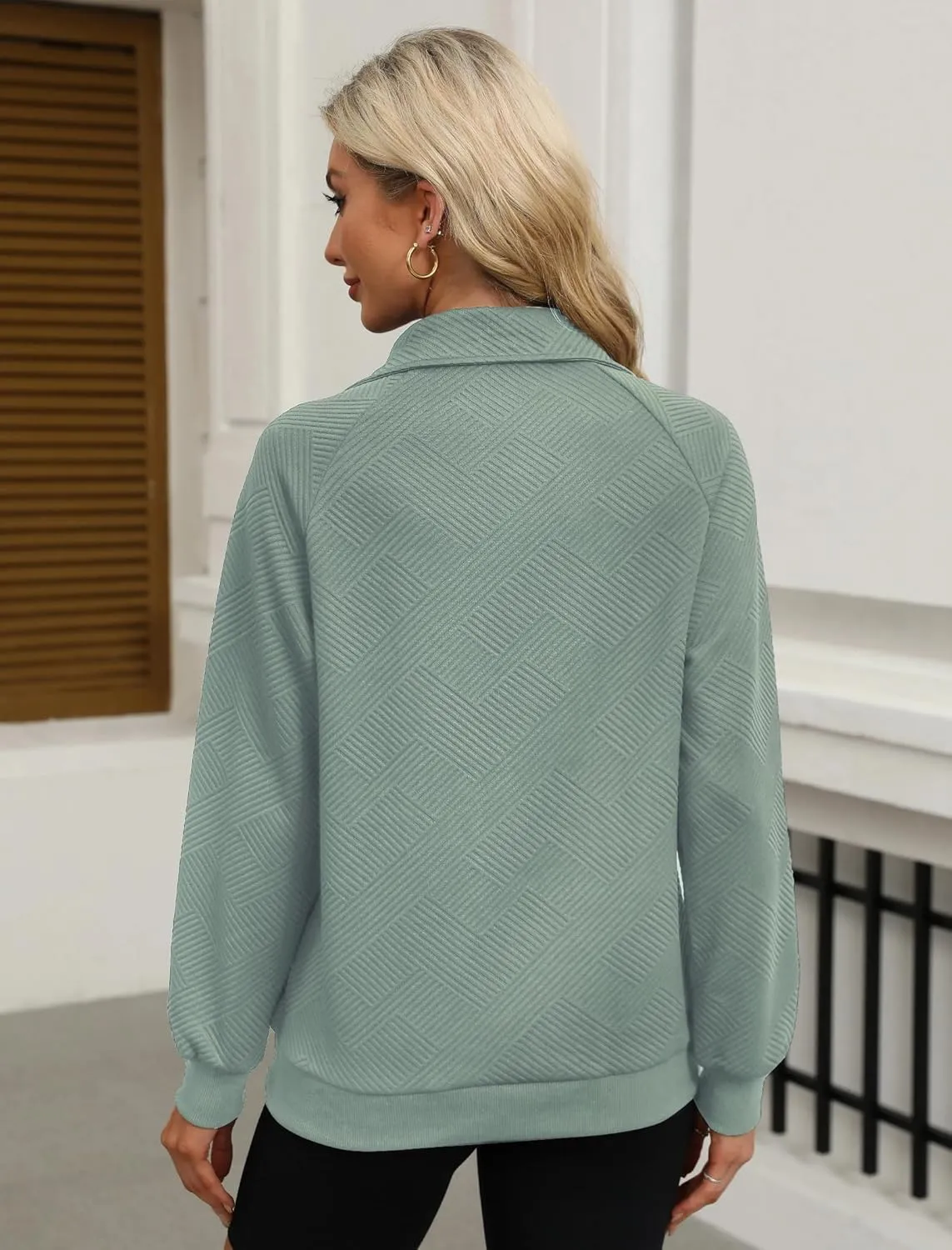 Womens V Neck Pullover Textured Sweatshirt Spring Fall Long Sleeve Button Down Lapel Sweatshirts with Pockets