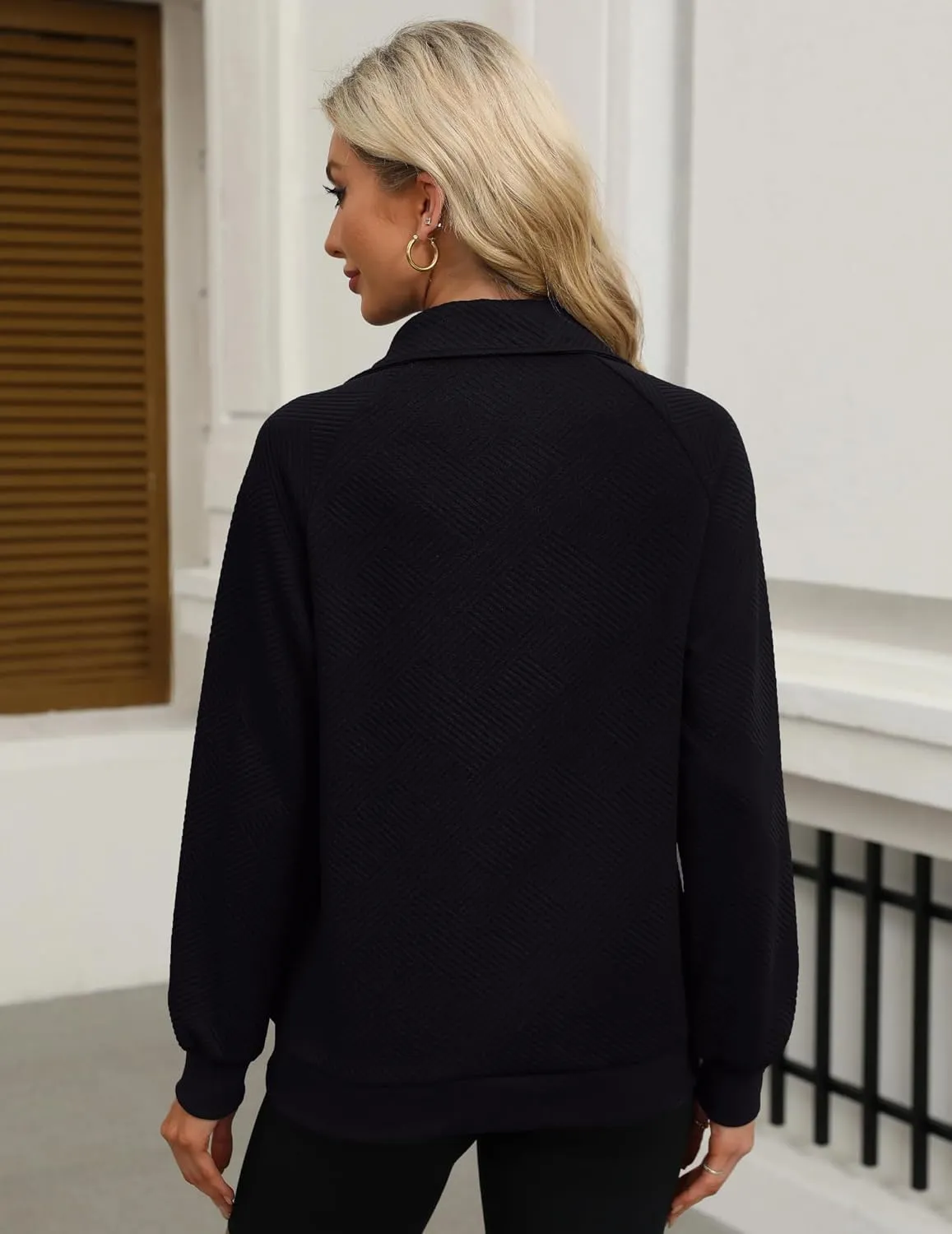 Womens V Neck Pullover Textured Sweatshirt Spring Fall Long Sleeve Button Down Lapel Sweatshirts with Pockets