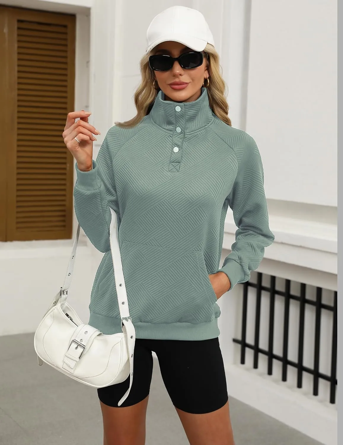 Womens V Neck Pullover Textured Sweatshirt Spring Fall Long Sleeve Button Down Lapel Sweatshirts with Pockets