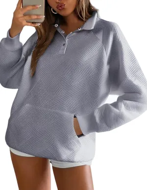 Womens V Neck Pullover Textured Sweatshirt Spring Fall Long Sleeve Button Down Lapel Sweatshirts with Pockets