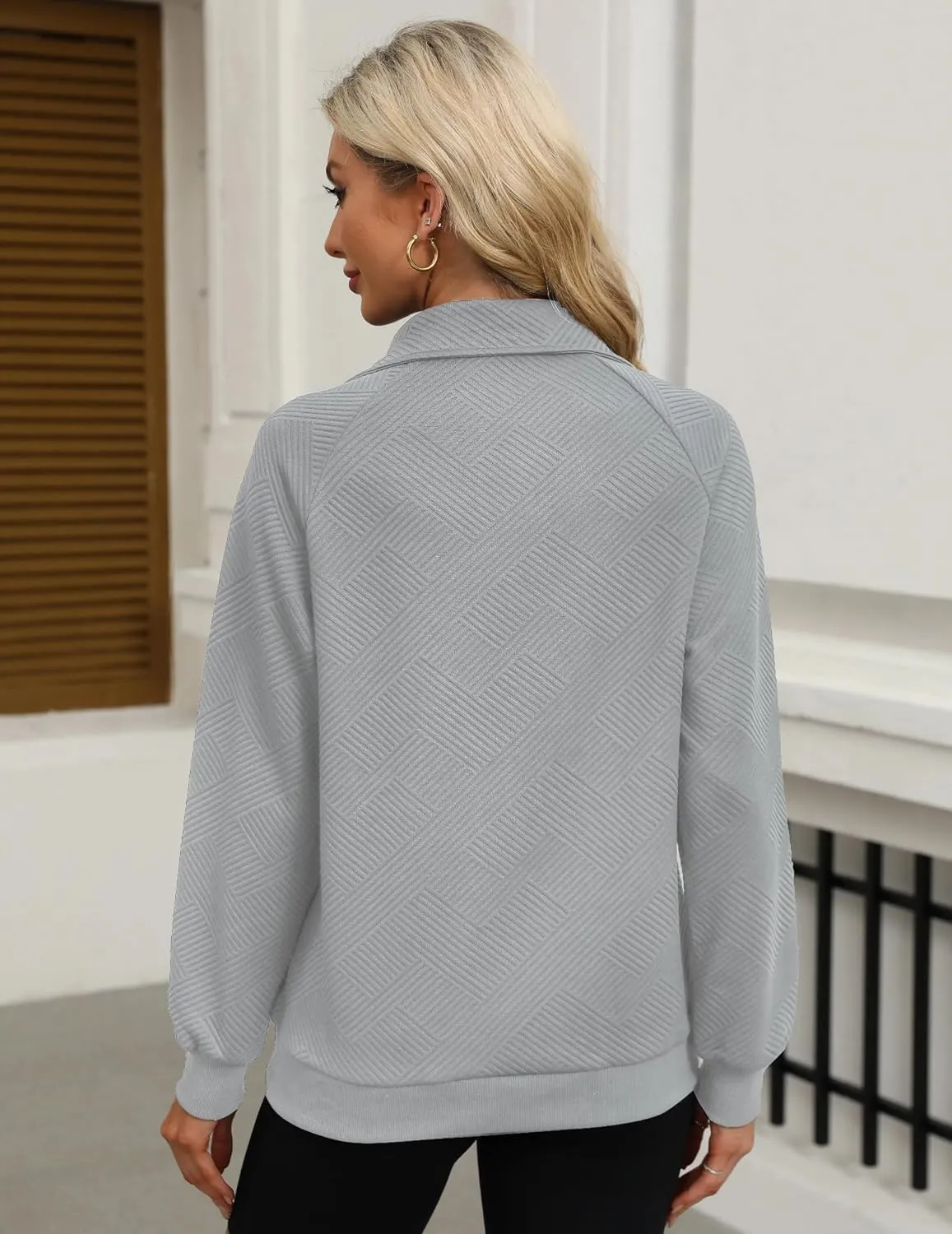 Womens V Neck Pullover Textured Sweatshirt Spring Fall Long Sleeve Button Down Lapel Sweatshirts with Pockets