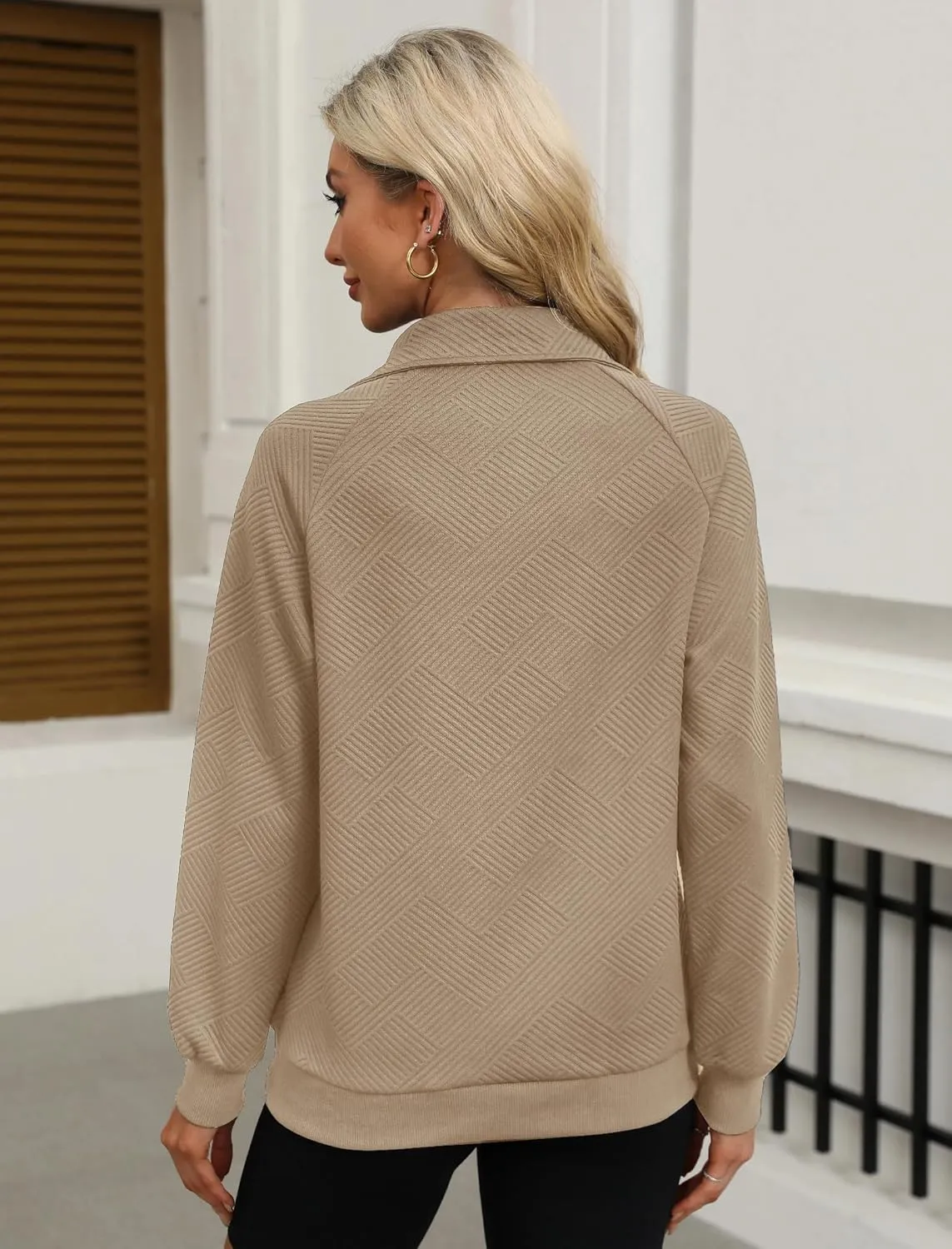 Womens V Neck Pullover Textured Sweatshirt Spring Fall Long Sleeve Button Down Lapel Sweatshirts with Pockets