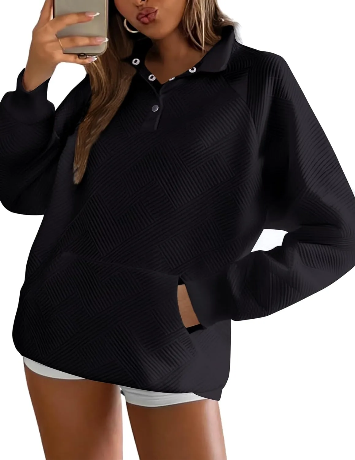 Womens V Neck Pullover Textured Sweatshirt Spring Fall Long Sleeve Button Down Lapel Sweatshirts with Pockets