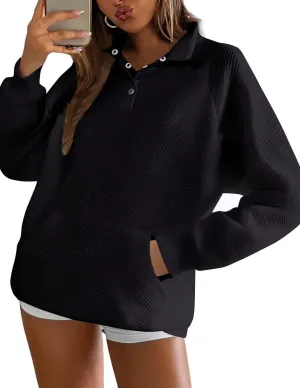 Womens V Neck Pullover Textured Sweatshirt Spring Fall Long Sleeve Button Down Lapel Sweatshirts with Pockets