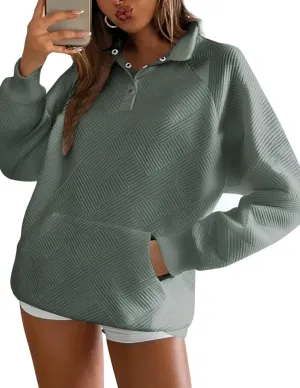 Womens V Neck Pullover Textured Sweatshirt Spring Fall Long Sleeve Button Down Lapel Sweatshirts with Pockets