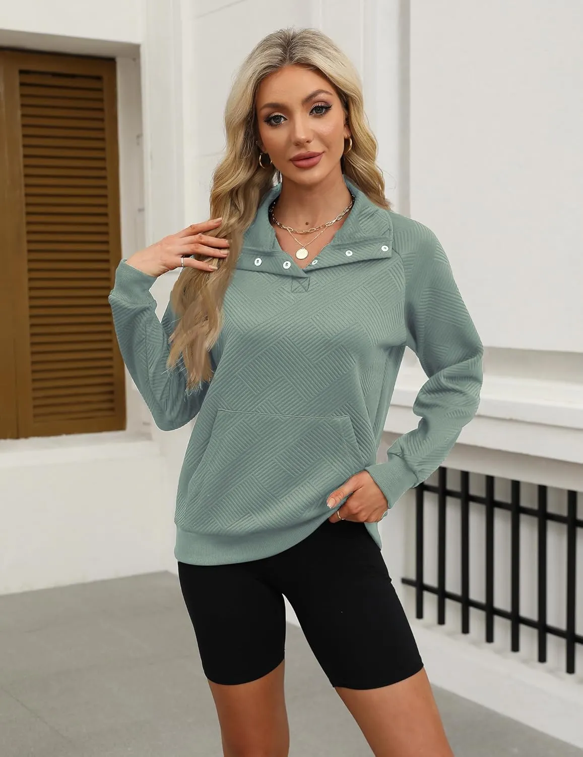 Womens V Neck Pullover Textured Sweatshirt Spring Fall Long Sleeve Button Down Lapel Sweatshirts with Pockets