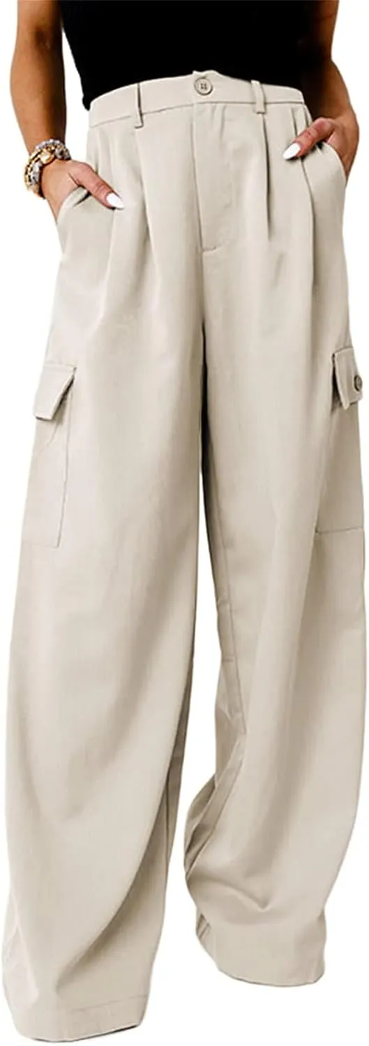 Women's Wide Leg Cargo Pants Work Business Casual Loose High Waisted Dress Pants Palazzo Flowy Trousers with 4 Pockets