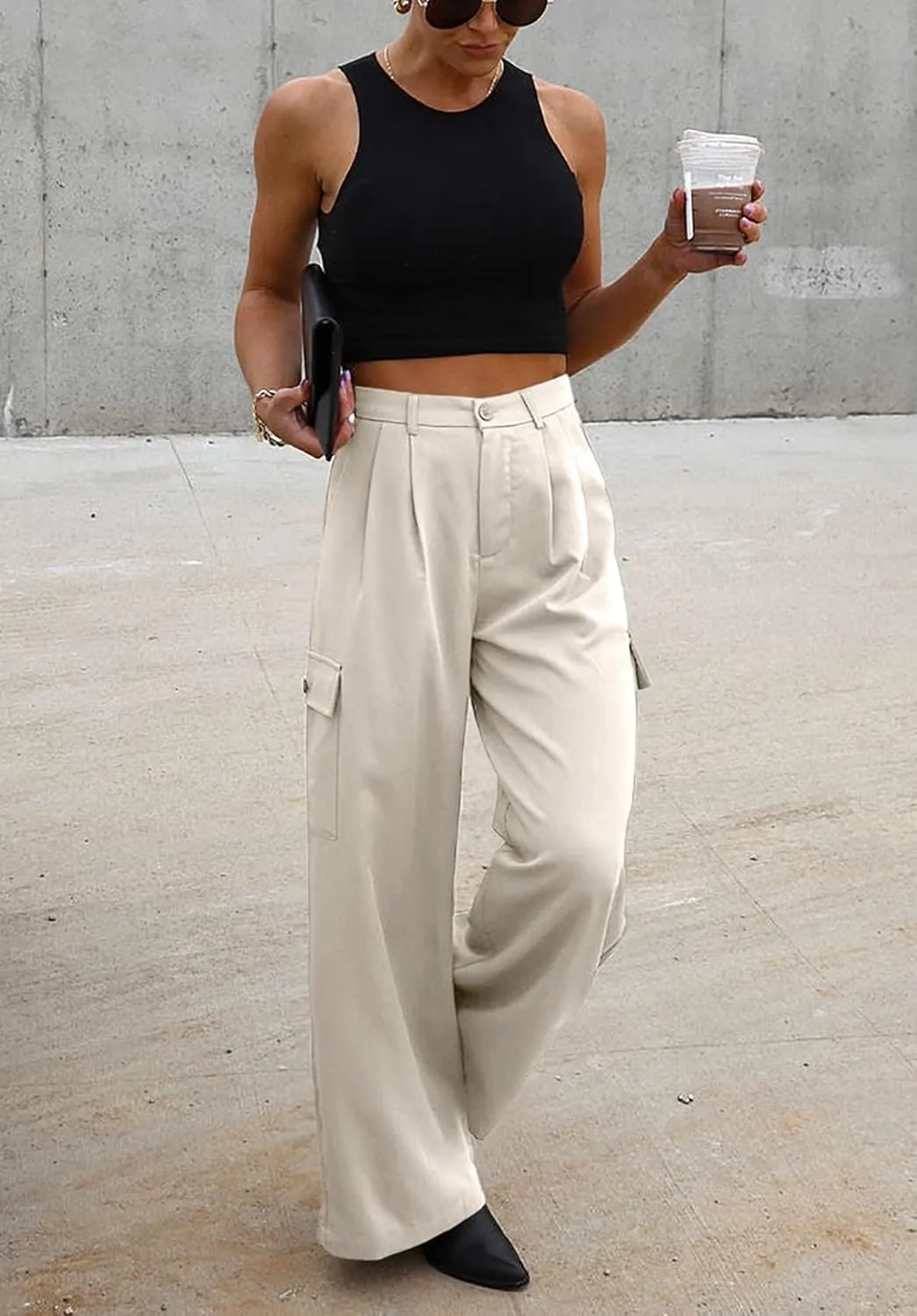 Women's Wide Leg Cargo Pants Work Business Casual Loose High Waisted Dress Pants Palazzo Flowy Trousers with 4 Pockets