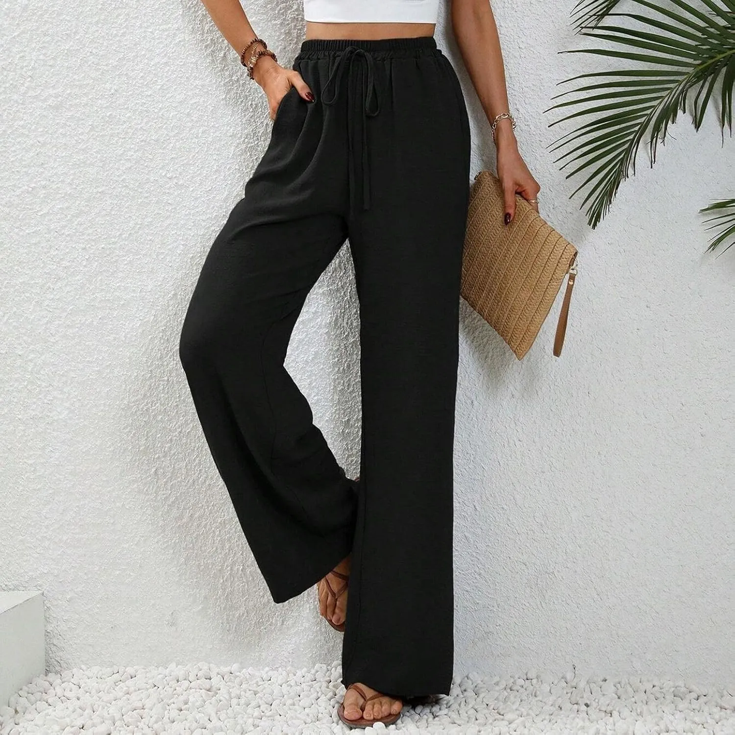 Women's Wide Leg Pants Lounge Casual Trousers Long Casual Elastic Waist High Waisted Fall Palazzo Pants