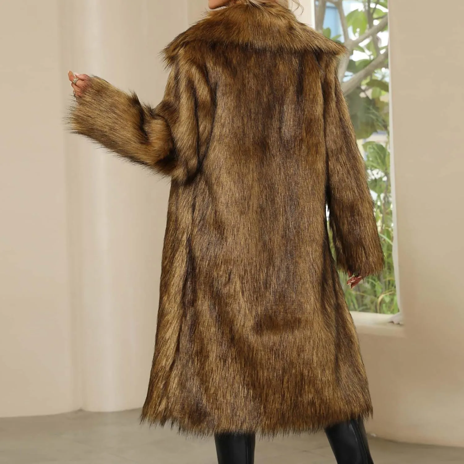 XUNRYAN 2023 Womens Faux-Fur Trench Coat Long Jackets Fashion Notch Lapel Winter Warm Thicken Fluffy Anorak Parka Outerwear