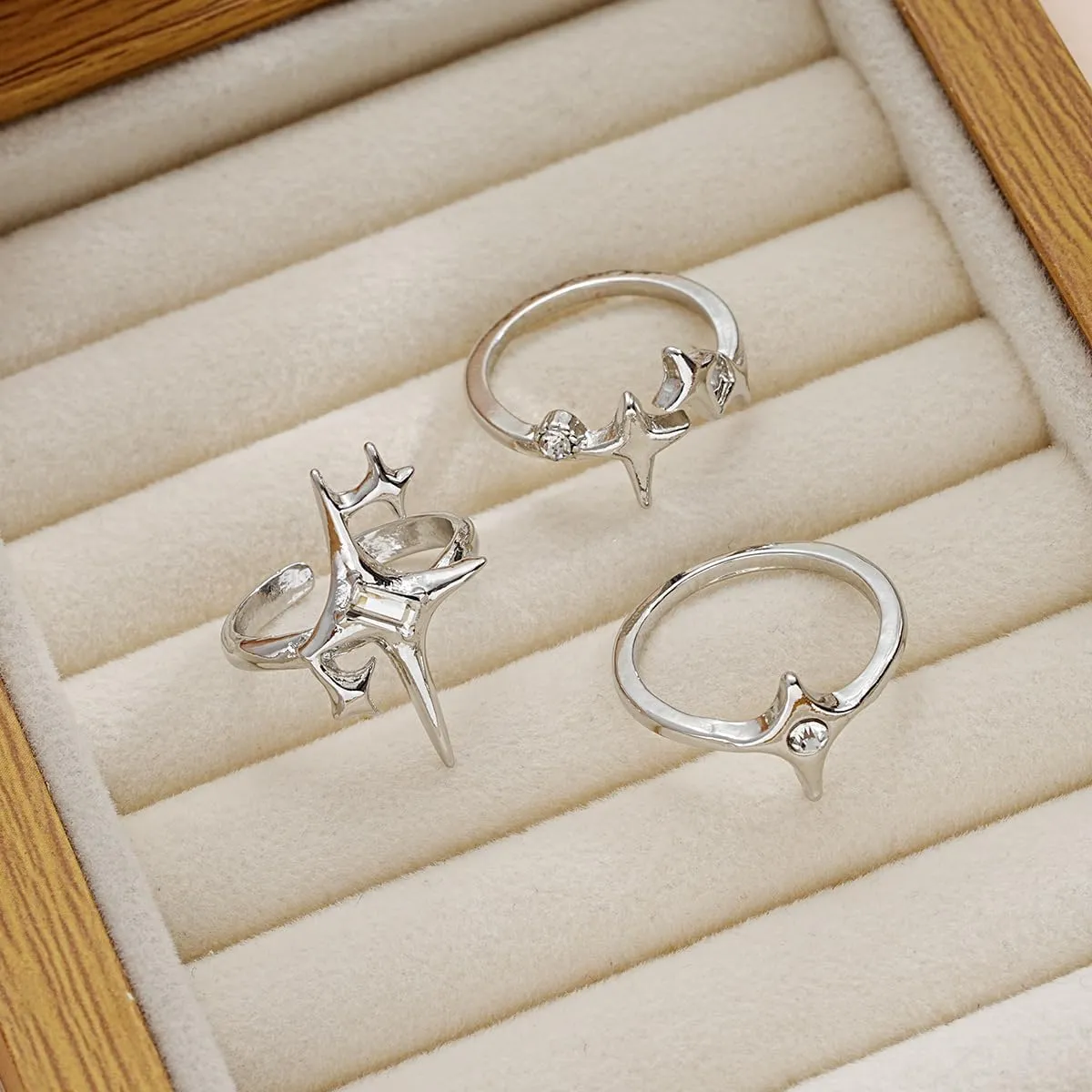 Y2k Rings for Women Black Silver Star Statement Rings Punk Grunge Goth Chunky Rings Adjustable Open Ring Set