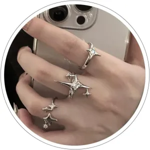 Y2k Rings for Women Black Silver Star Statement Rings Punk Grunge Goth Chunky Rings Adjustable Open Ring Set