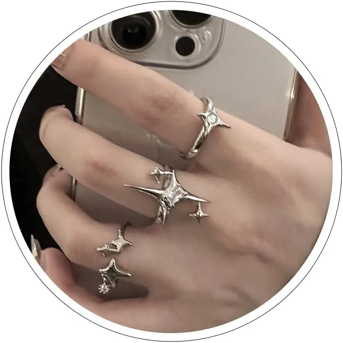 Y2k Rings for Women Black Silver Star Statement Rings Punk Grunge Goth Chunky Rings Adjustable Open Ring Set