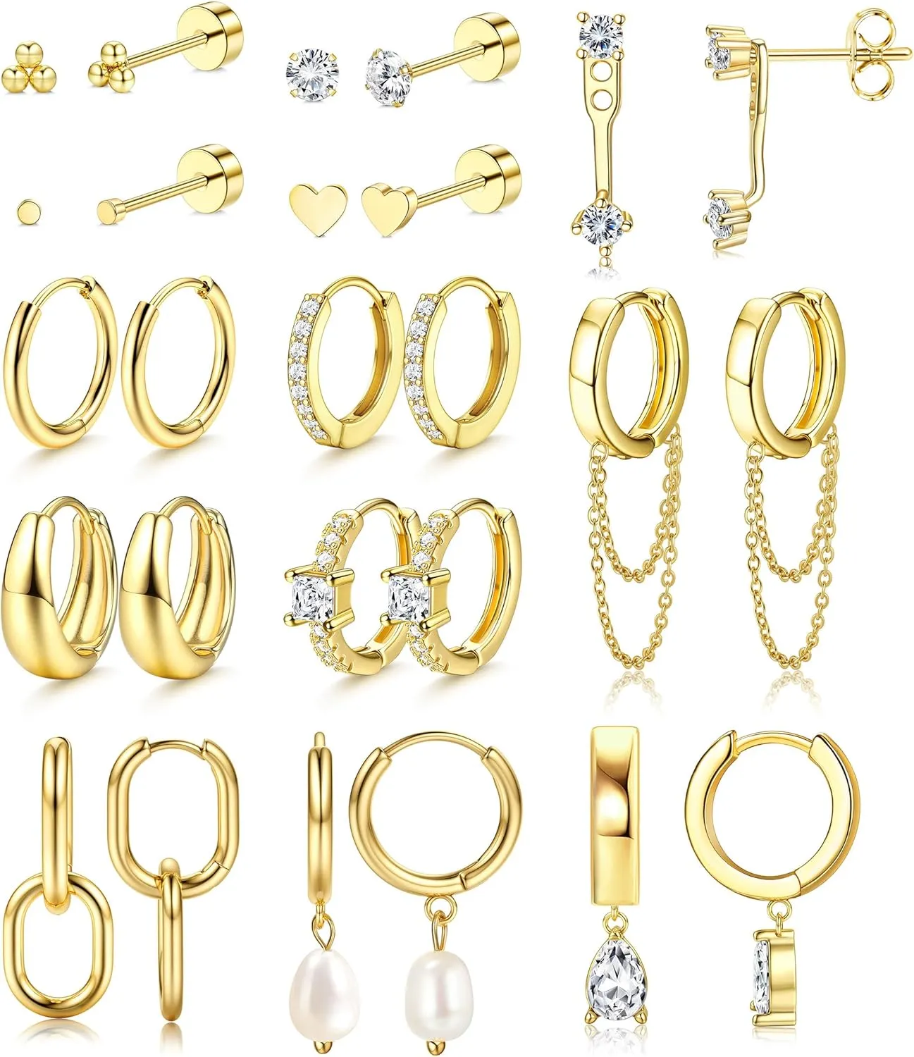 YADOCA 13Pairs Gold Earrings Stacks for Women Dainty Huggie Hoop Earrings Hypoallergenic 14k Gold Plated Flat Back Stud Cartilage Earring Sets for Multiple Piercing Pack