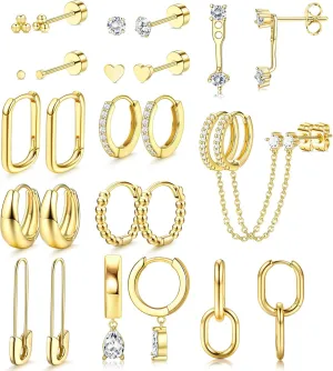 YADOCA 13Pairs Gold Earrings Stacks for Women Dainty Huggie Hoop Earrings Hypoallergenic 14k Gold Plated Flat Back Stud Cartilage Earring Sets for Multiple Piercing Pack