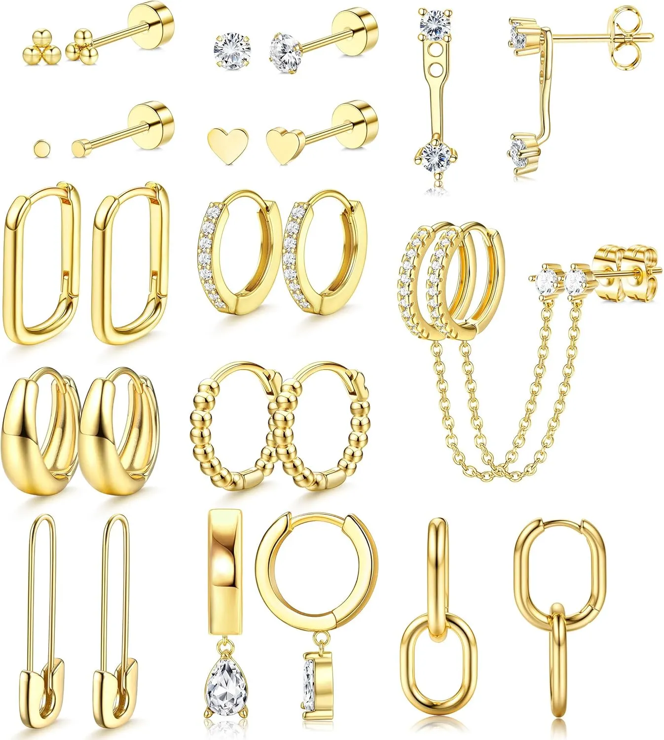 YADOCA 13Pairs Gold Earrings Stacks for Women Dainty Huggie Hoop Earrings Hypoallergenic 14k Gold Plated Flat Back Stud Cartilage Earring Sets for Multiple Piercing Pack
