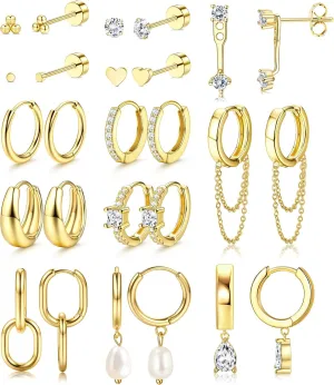 YADOCA 13Pairs Gold Earrings Stacks for Women Dainty Huggie Hoop Earrings Hypoallergenic 14k Gold Plated Flat Back Stud Cartilage Earring Sets for Multiple Piercing Pack