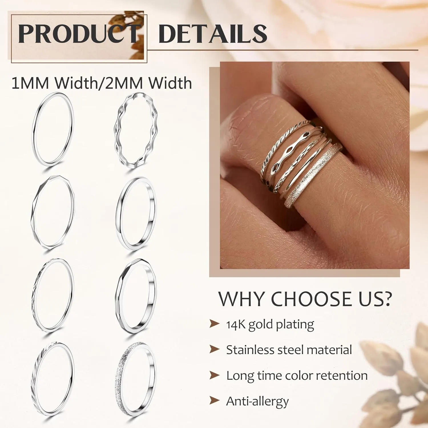 YADOCA 8Pcs 1MM 2MM Stainless Steel Rings for Women Men Minimalist Fashion Dainty Plain Thin Knuckle Stacking Midi Thumb Rings Stackable Statement Band Rings Set Silver Gold Tone Size 4-12