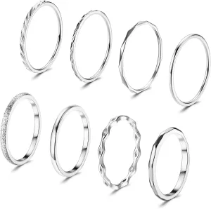 YADOCA 8Pcs 1MM 2MM Stainless Steel Rings for Women Men Minimalist Fashion Dainty Plain Thin Knuckle Stacking Midi Thumb Rings Stackable Statement Band Rings Set Silver Gold Tone Size 4-12